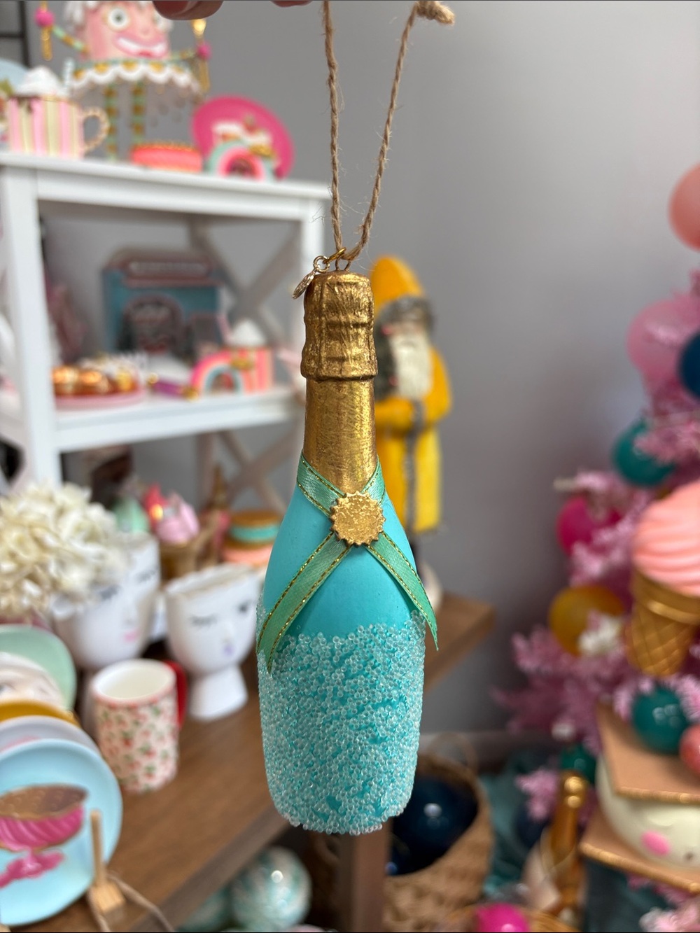 Turquoise & Gold Decorative Champagne Bottle Ornament by Glitterville